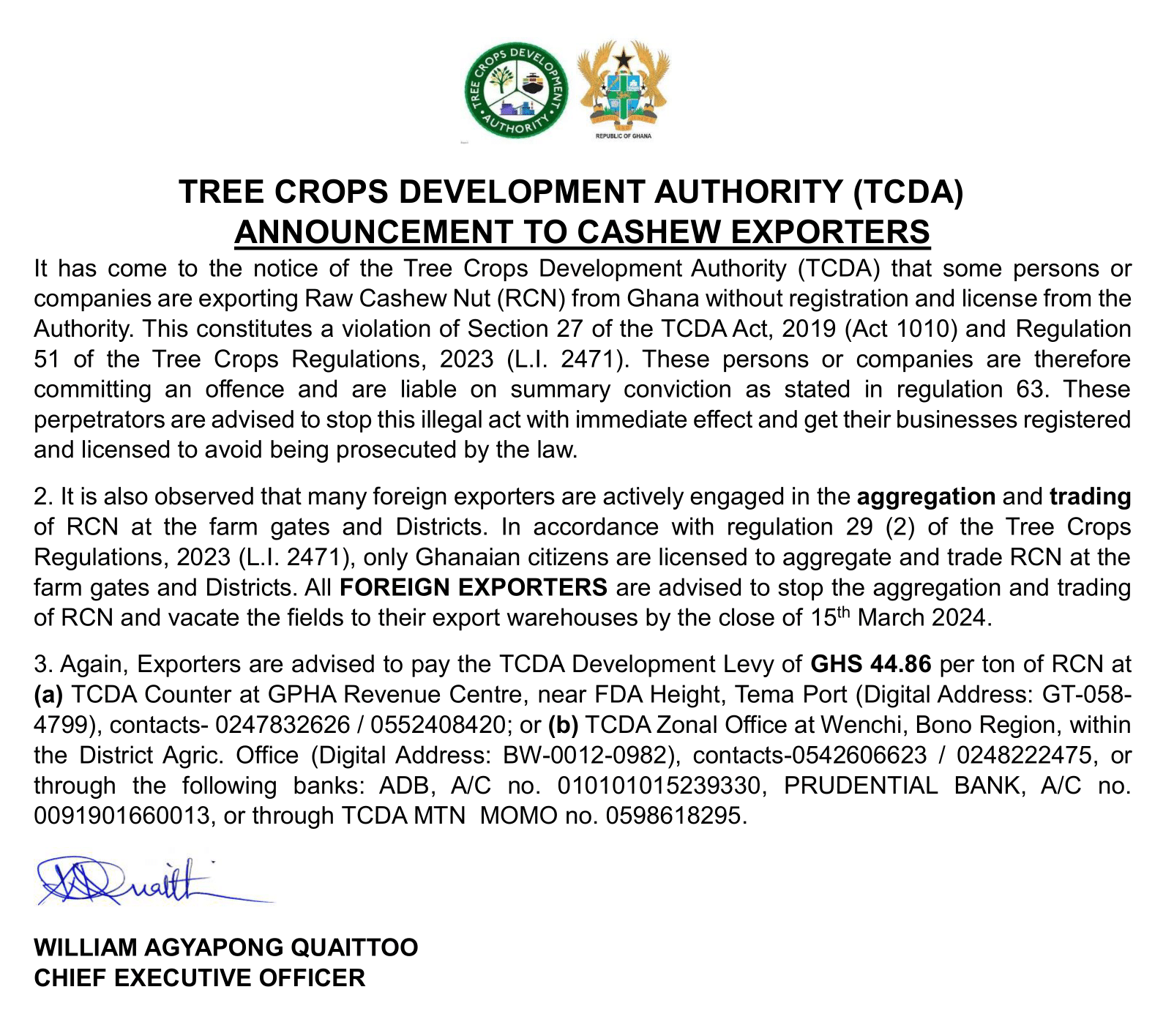 Announcement to Cashew Exporters